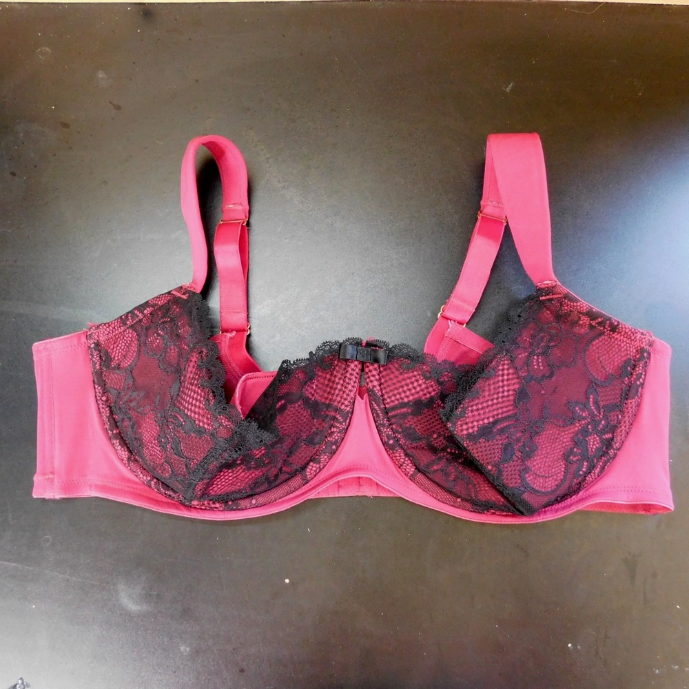 Cacique Quarter Cup Bra 42DDD Magenta Cherry Red Black Lace Overlay